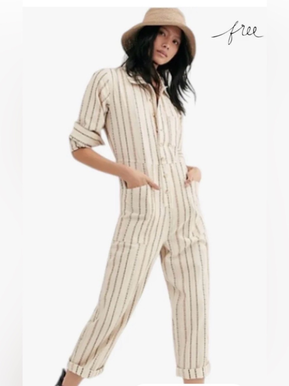 Free People Beige and Brown Striped Utility Jumpsuit